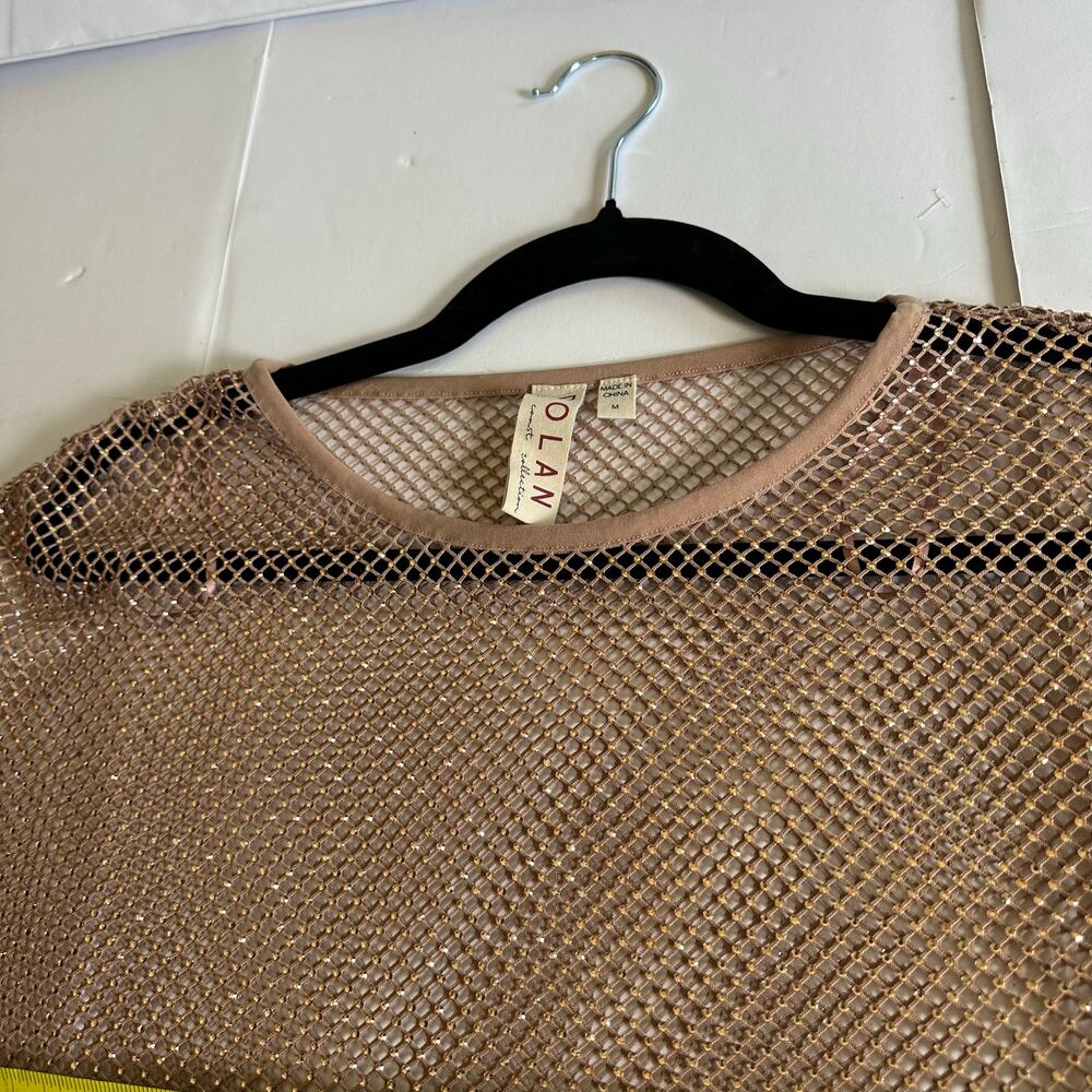 Anthropologie Metallic Mesh Sheer Cropped Long Sleeve Party Top M Layering glitz - Picture 10 of 11